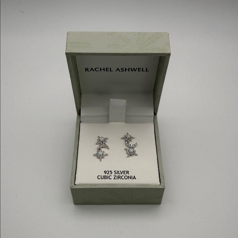 Rachel Ashwell 925 Silver Cubic Zirconia Moon & Star Drop Earrings Gift Box